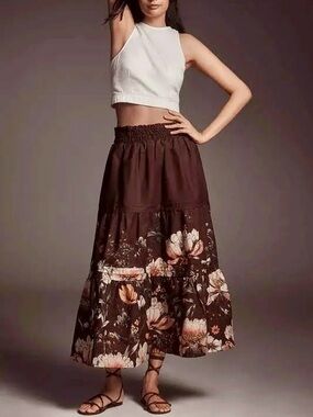 Anthropologie Somerset Brown Floral Tiered Maxi Skirt